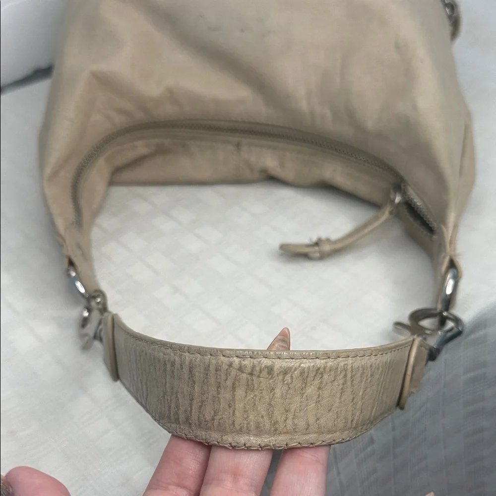 HOBO Taupe Pebble Leather Slouch Shoulder Bag Front Zip Pocket